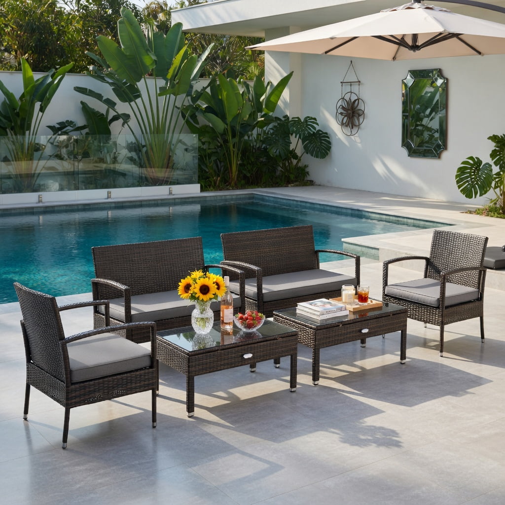 Hommoo 4-Piece Outdoor Rattan Patio Furniture Set, PE Wicker Loveseat, 2 Armchairs, and Coffee Table with Removable Cushions, Brown