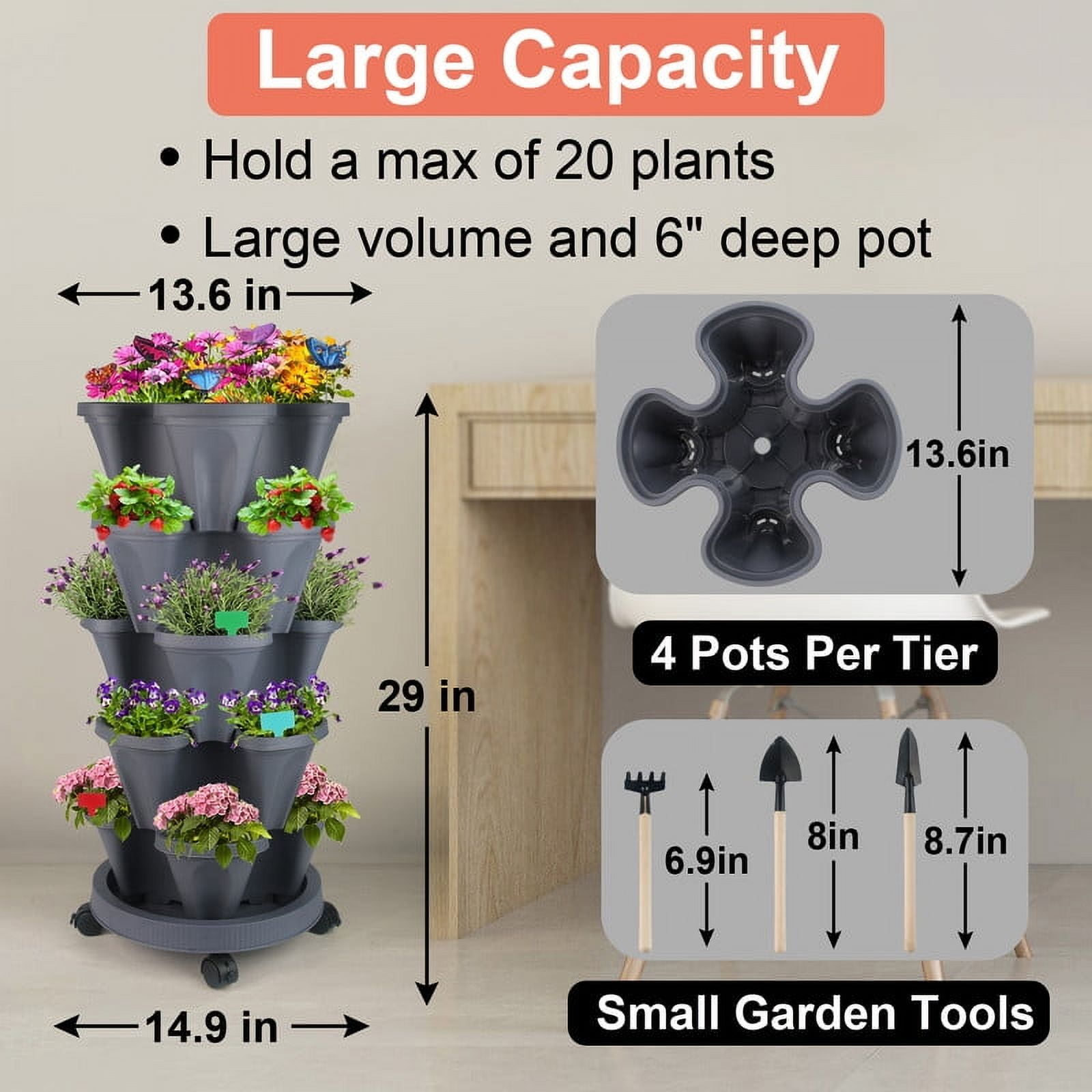 2Pack 5 Tier Vertical Garden Stackable Planter With Accessories for Vegetables, Flowers, Herbs, Succulents, Microgreen Gardening - Dark Gray