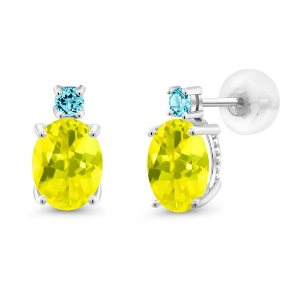 Gem Stone King 14k White Gold Canary Mystic Topaz and Swiss Blue Topaz Earrings for Women (2.76Cttw, GemstoneNovember Birthstone, Oval 8X6MM, Round 2.5MM)