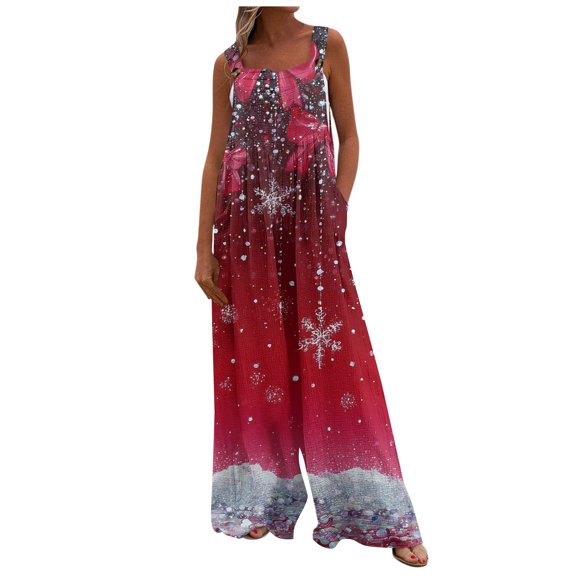 Women's Christmas Print Wide Leg Overalls - Strapless Tank With Pockets Casual Solid Color Onesie, Dark Red Size L