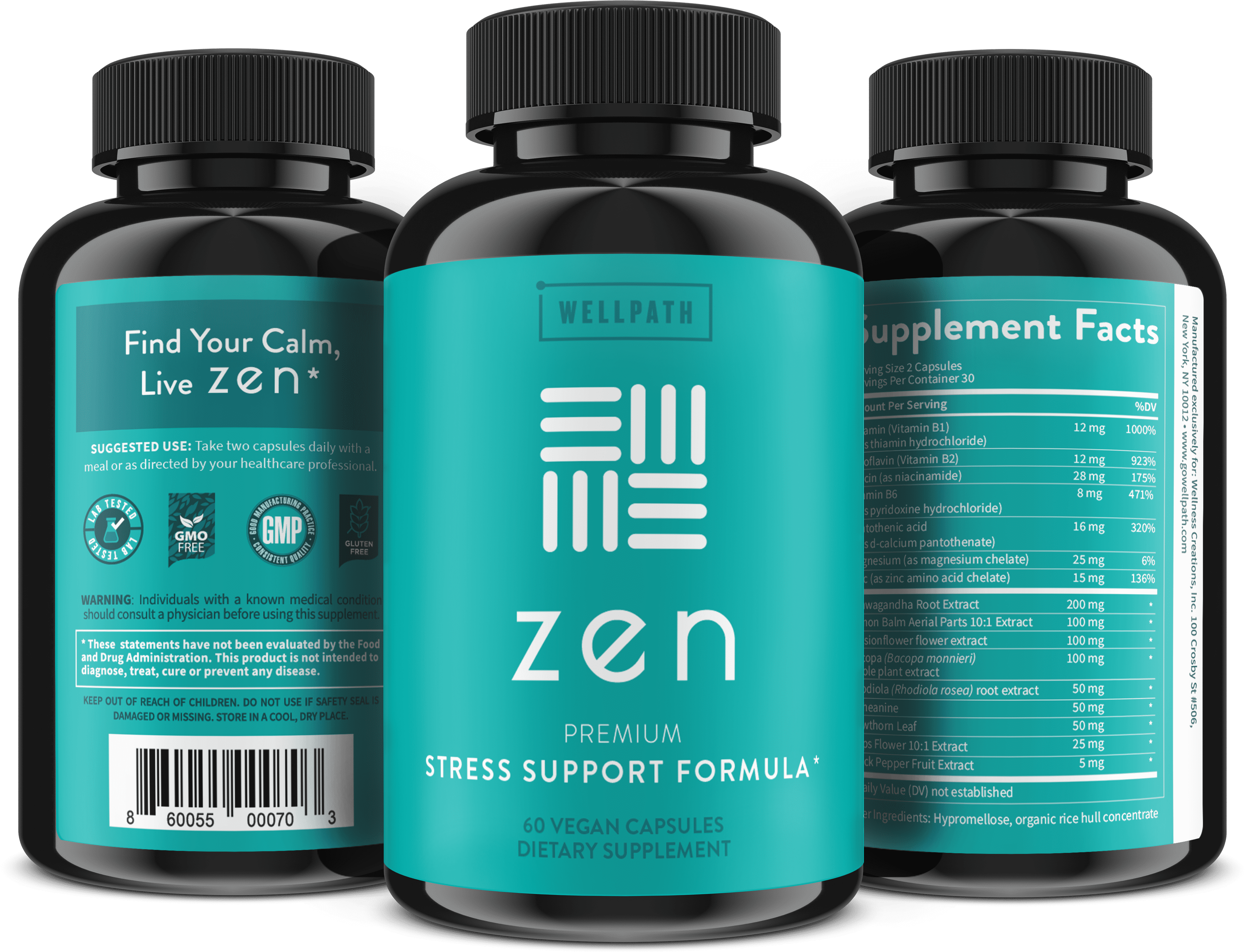 WellPath Zen Anxiety and Stress Relief Supplement with Ashwagandha, L-Theanine, Rhodiola Rosea, Hawthorne - 60 Veg. Capsules