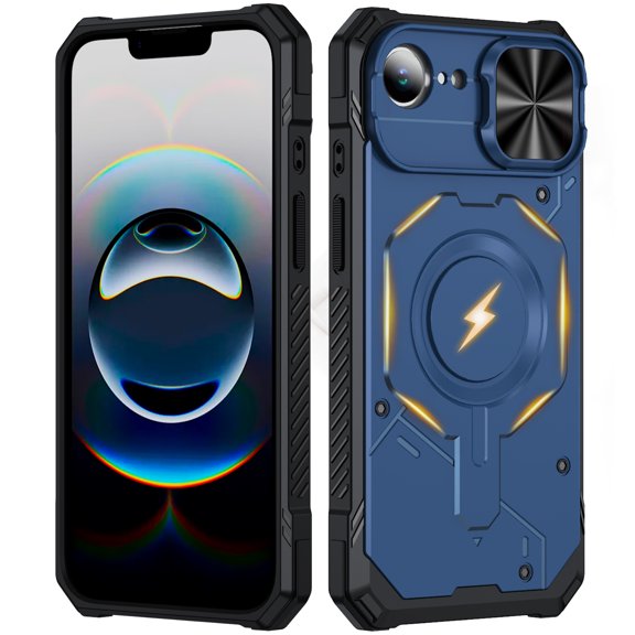 Moreoy Magnetic Case For iPhone 16e/17e with Built-in Slide Lens Cover, Compatible with MagSafe Wireless Charging, Drop-proof Dual Layer Protective Cover with Camera Lens Protection,Blue