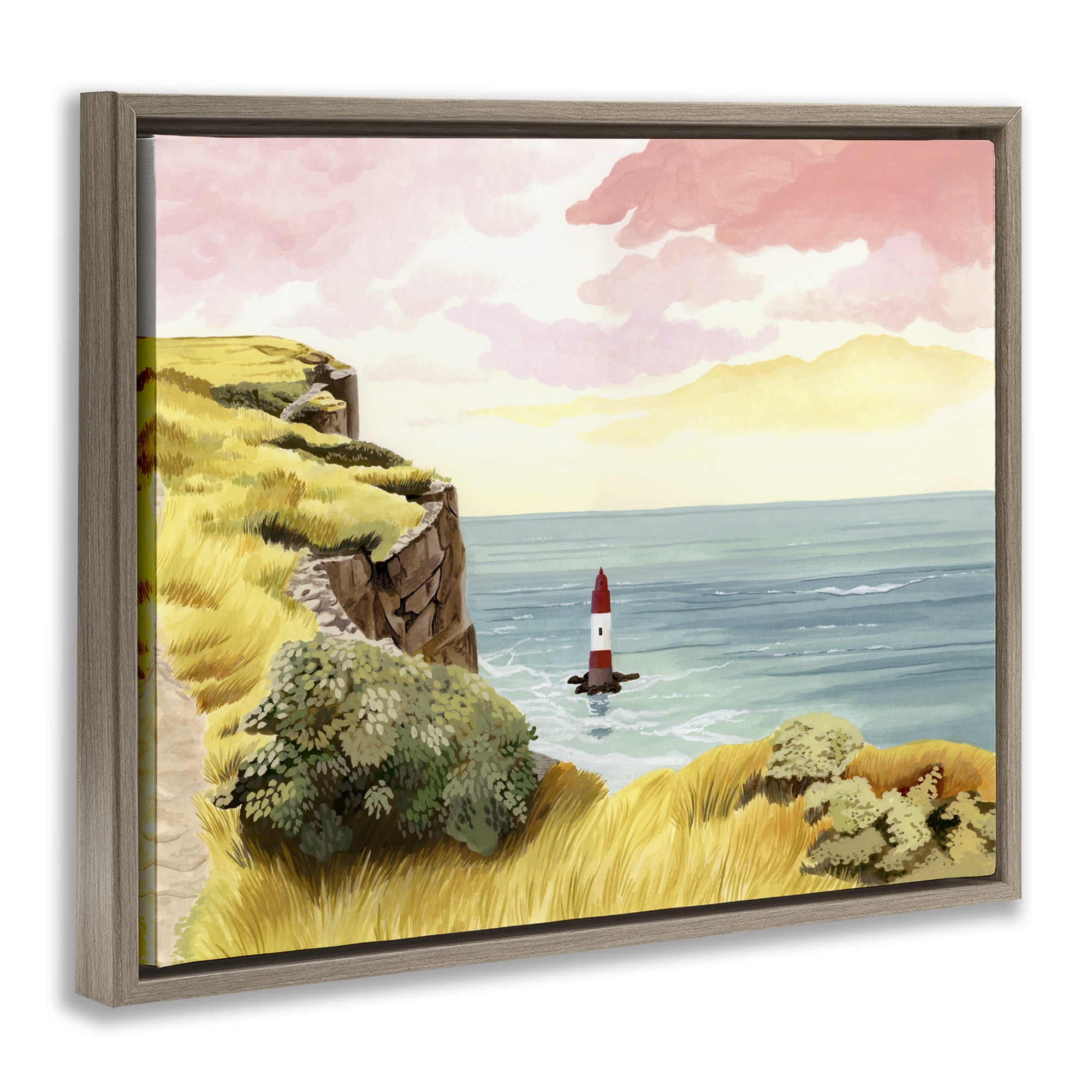 Beachy Head Lone Lighthouse Brown Framed Floater Canvas Wall Art, design by Courtney Haley