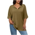 thumbnail image 3 of Conjuntos de maestra/o,Camiseta informal de manga 3/4 con cuello en V para mujer, talla grande, color liso, poliéster suave, para uso diario, sopatenor, 3 of 9