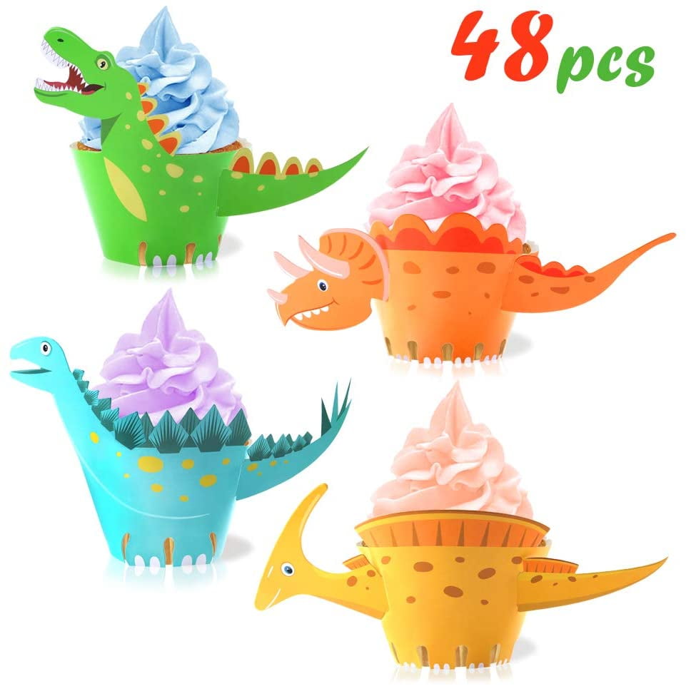 48 Pcs Dinosaur Cupcake Toppers for Dinosaur Birthday Party Decorations Supplies 