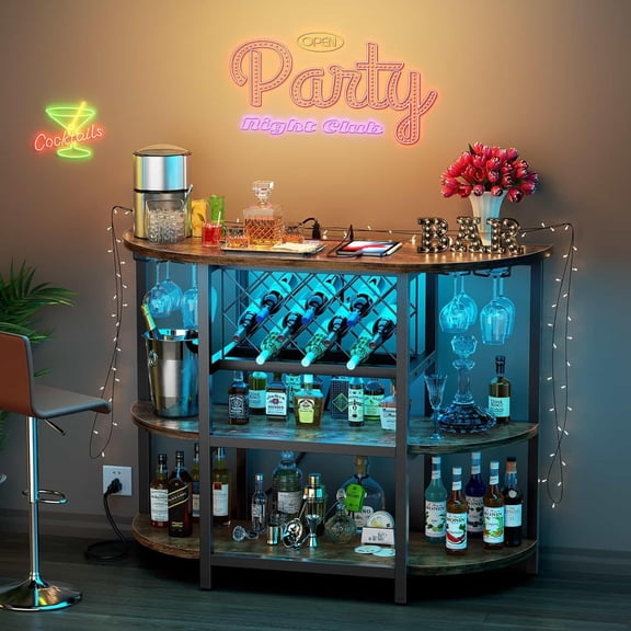 Bar Cart with Power Outlet Easy to Assemble, LED Home Bar Cabinet for Liquor, 47.3" L x 15.8" D x 36" H Metal  Bar Table with 4-Tier Storage, Brown