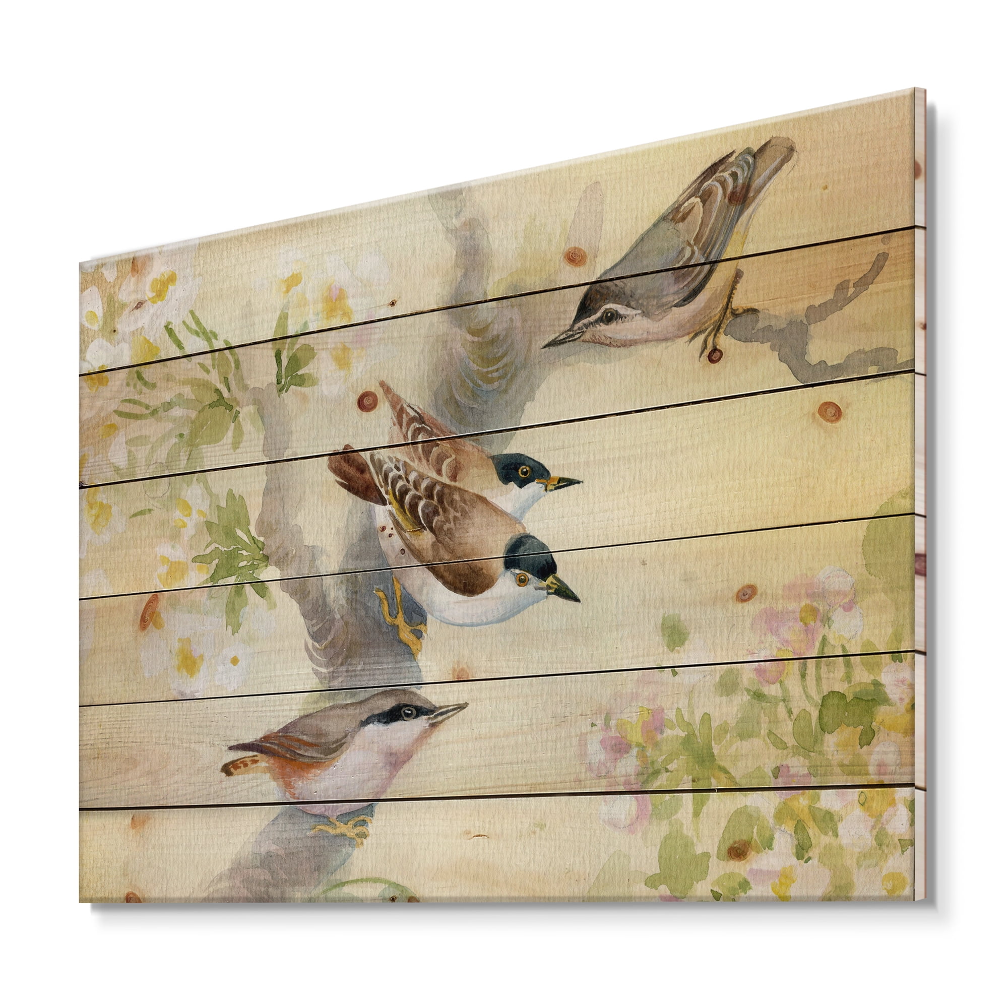 Designart 'Birds Sitting On A Blossoming Apple Tree' Traditional Print on Natural Pine Wood
