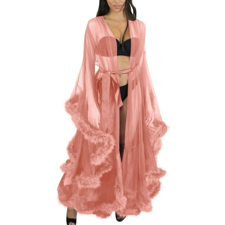 wendunide lingerie for women Women Fashion Sexy Tulle Robe Long Lingerie Nightgown Bathrobe Sleepwear Feather Bridal Robe Lace Lingerie Pink One Size
