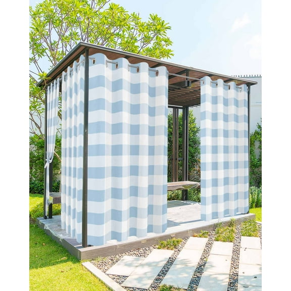 Outdoor Curtains for Patio, Buffalo Plaid Blue, Waterproof Blackout Outside Curtain for Porch/Pergola/Gazebo, Country French Simple White Lattice Thermal Insulated Drapes, 1 Panel, 54 x 95 Inch