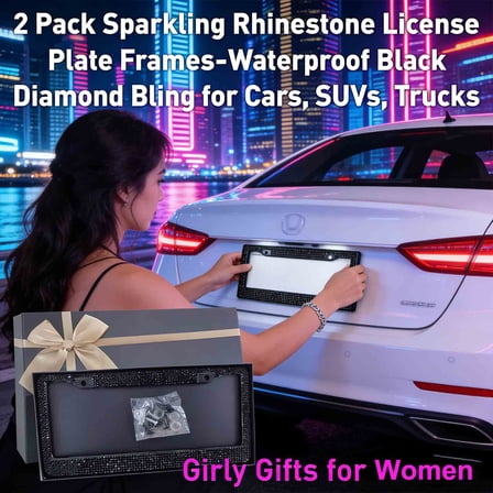 MKDAQIQIU Dazzling Rhinestone License Plate Frame - 2 Pack Waterproof Black Diamond Bling for Car, SUV, Truck
