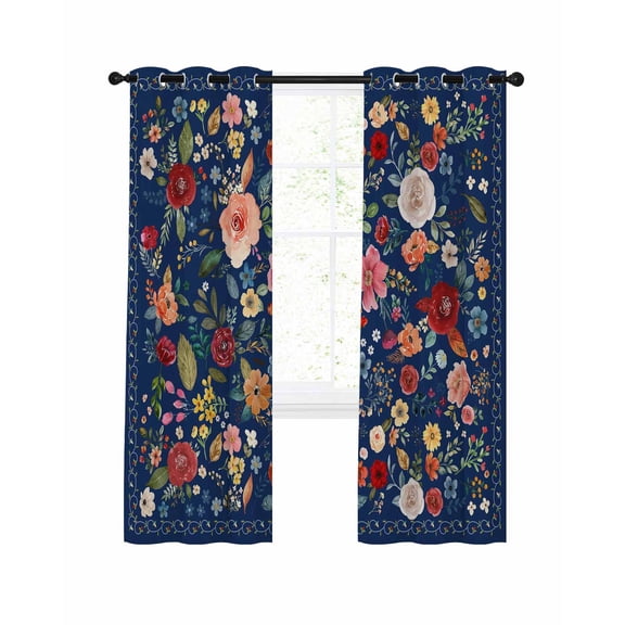 Navy Blue Flowers Blackout Curtains, Light Blocking Print Window Curtains, Spring Vintage Floral Leaves Farmhouse Thermal Insulated Window Drapes for Living Room 2 Panels, 104"W x 63"L