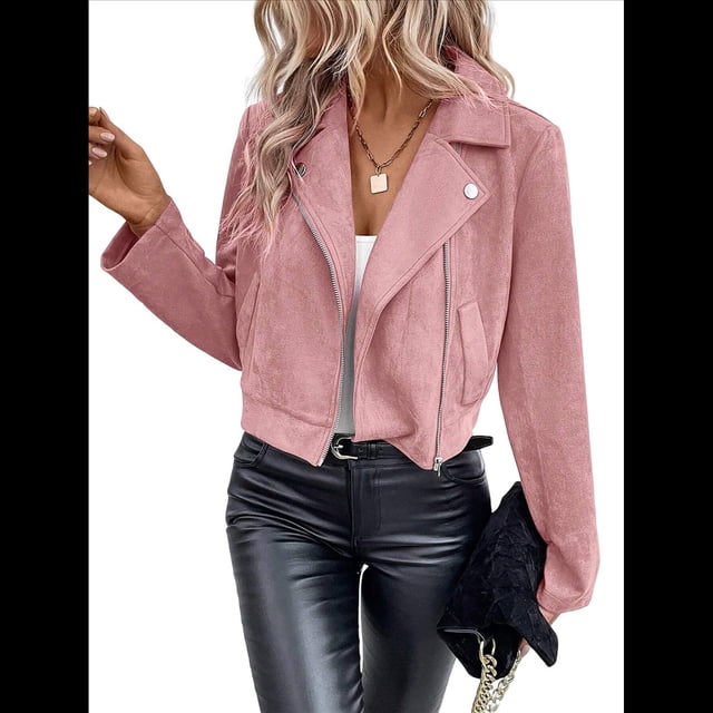 Chaqueta Blazer de Ante y Piel Sintética de Larga con Cremallera Corta para Mujer, Moda de Otoño. Rosa XXL