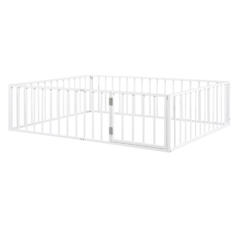 Queen  Size Floor Bed for kids,Metal Montessori Bed Frame, Fence Railings & Door,Playhouse Beds for Boys Girls, No Box Spring Needed,White