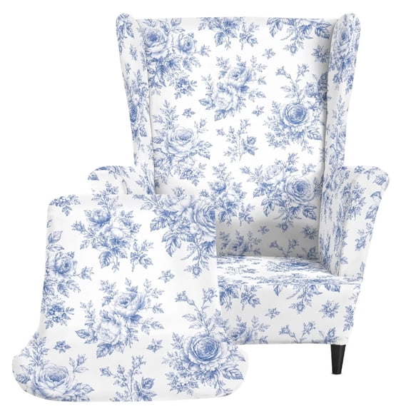 Jiueut Blue Butterfly Rose Flower Print Wing Back Chair Covers with Arms Armchair Covers, 2-Piece Armchair Cover Washable Sofa Protector, Wingback Chair Cover Sofa Covers Sofa Slipcovers