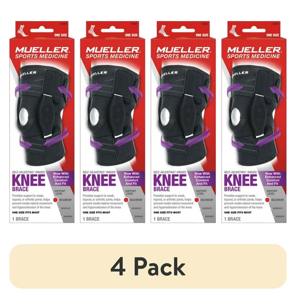 (4 pack) Mueller Adjustable Hinged Knee Brace, Black, One Size Fits Most