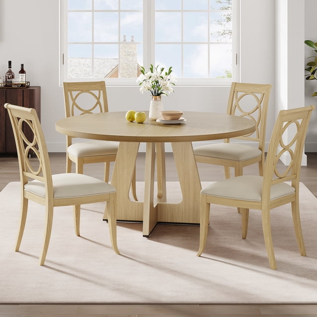 47-Inch Round Large Dining Table Set for 4 to 6. Farmhouse Dinner Table with Wooden Top and Legs