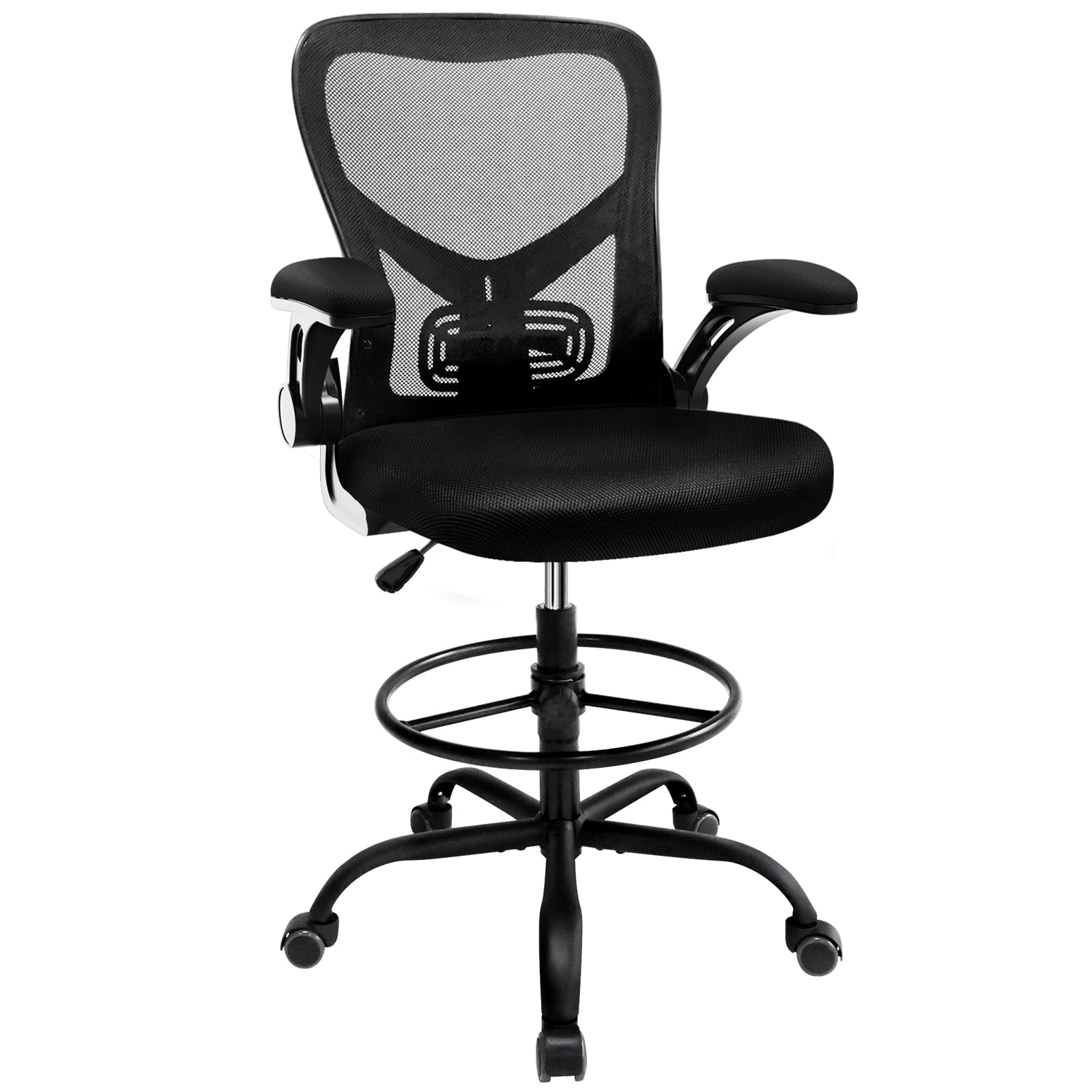 Drafting Chair Tall Office Chair Mid-Back Mesh Ergonomic Computer Chair High Adjustable Standing Desk Chair with Lumbar Support Adjustable Foot Ring and Flip-Up Arms,Black 