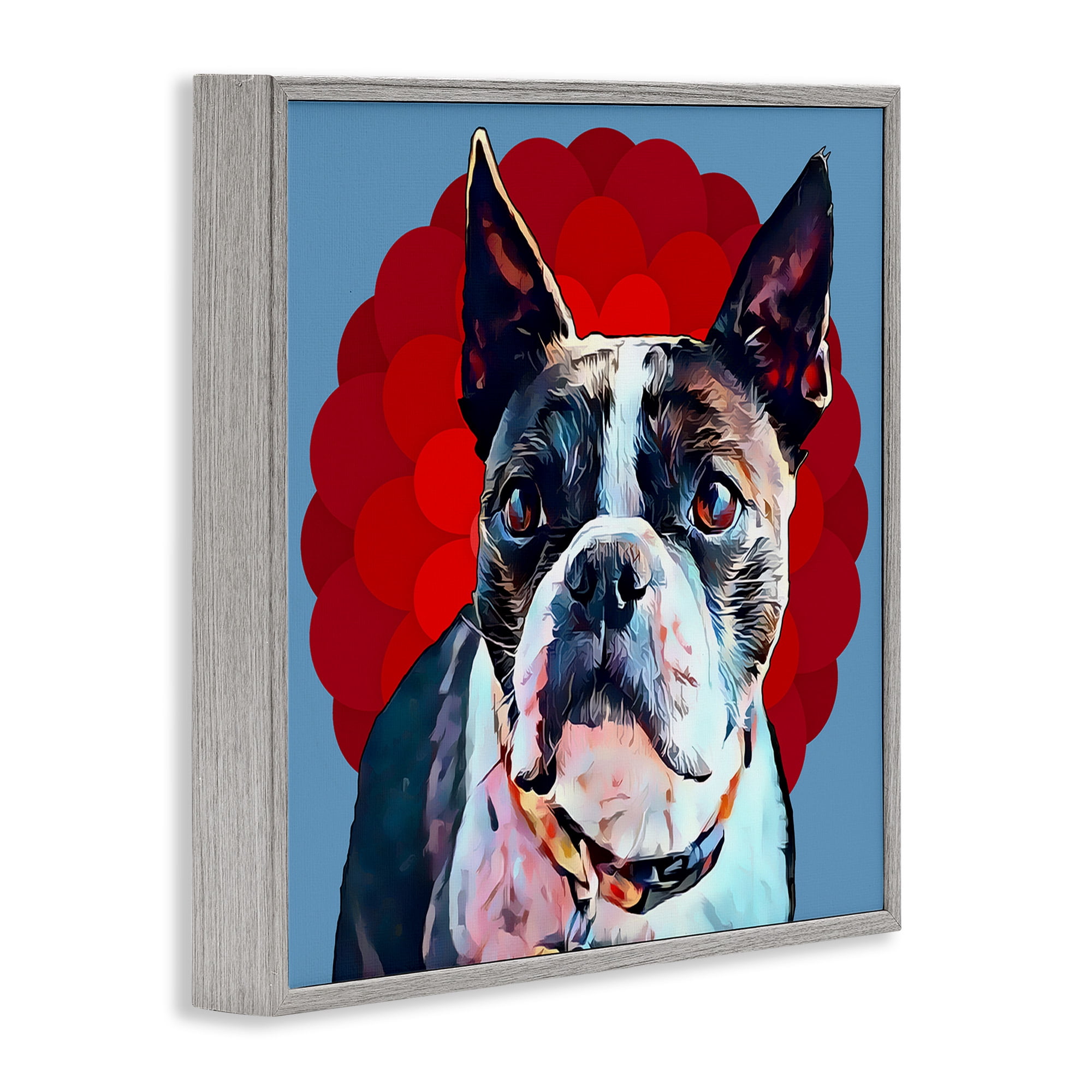 Stupell Industries Boston Terrier Dog over Geometric Animals & Insects Painting Gray Framed Art Print Wall Art, 17 x 17