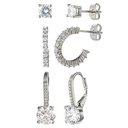 Believe By Brilliance Women's 14kt Gold Flash Plated Cubic Zirconia Earring Set, 3 Pairs