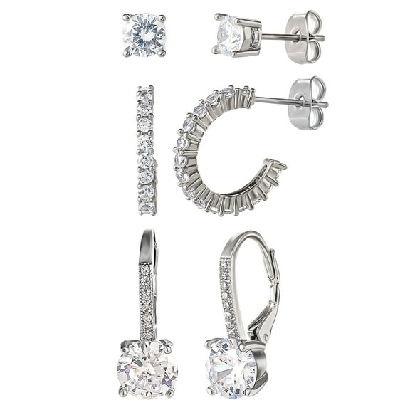 Believe By Brilliance Women's 14kt Gold Flash Plated Cubic Zirconia Earring Set, 3 Pairs