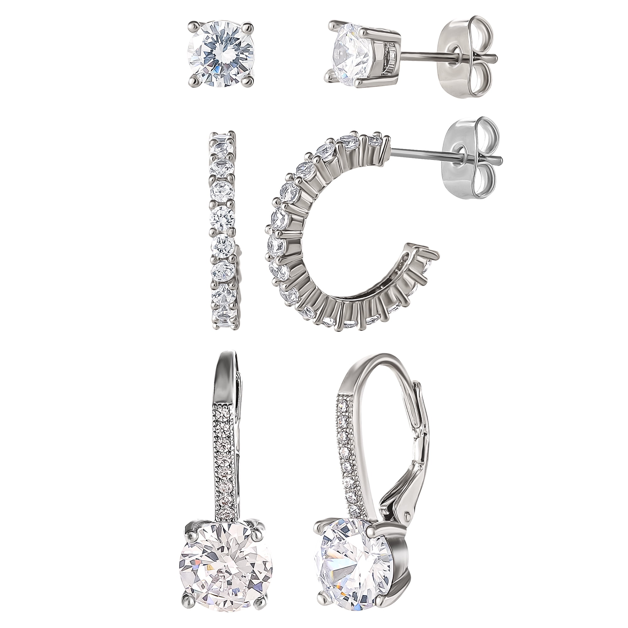 Believe By Brilliance Women's 14kt Gold Flash Plated Cubic Zirconia Earring Set, 3 Pairs