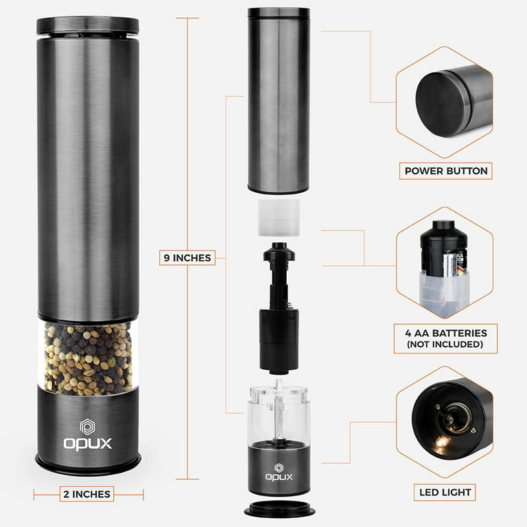 OPUX Battery Operated Salt and Pepper Grinder, Automatic Pepper Mill,  Electric Salt Shaker with LED Light and Bottom Cover