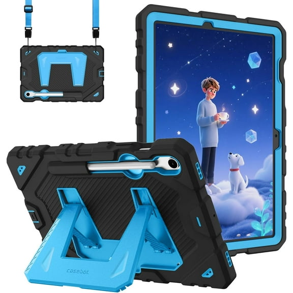 Fintie Kids Friendly Case for Samsung Galaxy Tab S10 Lite/ S10 FE/ S9 FE 10.9 Inch/Tab S9 11 Inch, Fully-Body Rugged Heavy Duty Shockproof Protective Case with Kickstand & Shoulder Strap, Black/Blue