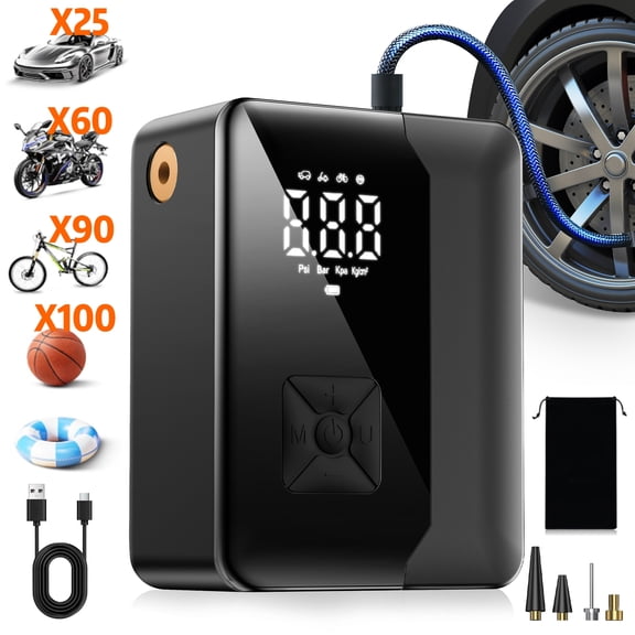 KT1 Tire Inflator Portable Air Compressor with Digital Pressure Gauge, LED Light, 150PSI Fast Inflation for Car, Bikes, Sports Balls, Inflatable Toys, Perfect for Families, Outdoor, Indoor