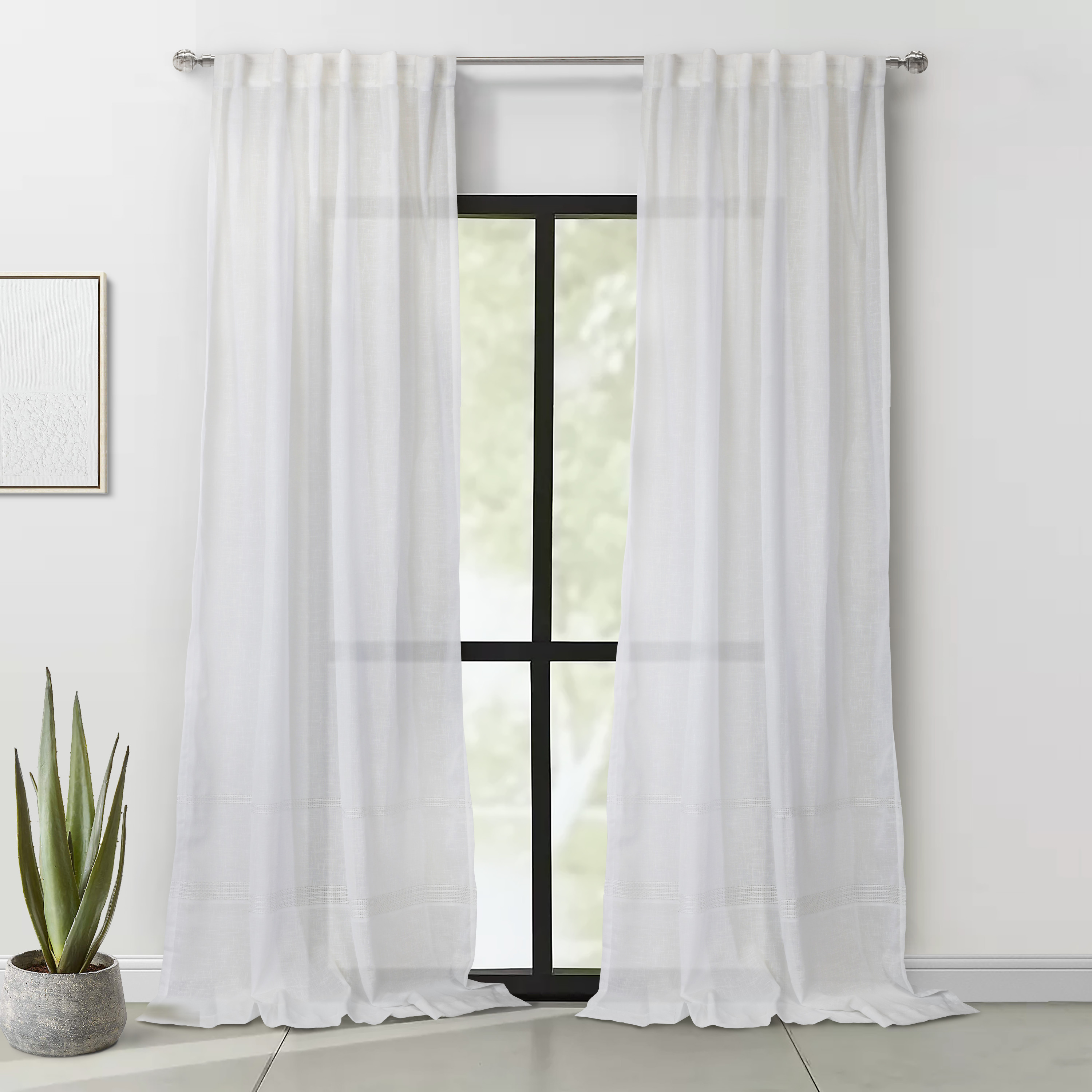 Arezzo Sheer Tone on Tone Slub Dual Header(Back Tab/Rod Pocket) Curtain Panel 52" x 95" in White