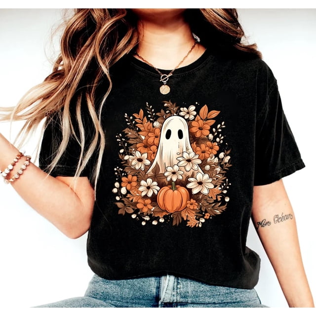 BAYCREWS T-Shirt Fantôme Floral, T-Shirt Fantôme Floral, T-Shirt Fantôme Halloween, T-Shirt Fleur Halloween, T-Shirt Rétro Vintage, Chandail d'Automne