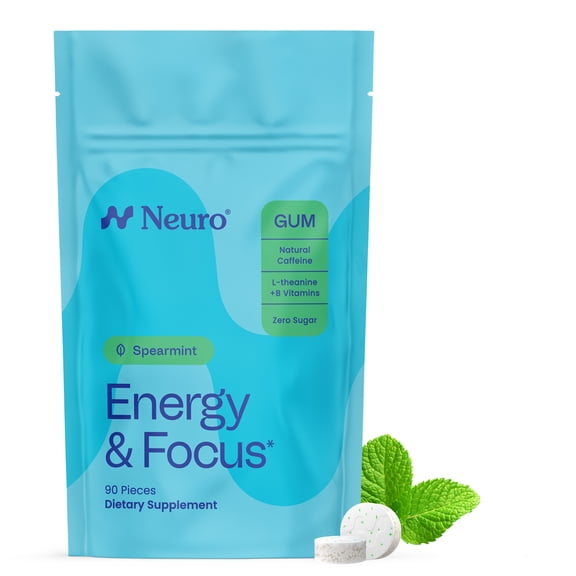Neuro Energy & Focus Gum with Caffeine, L-Theanine, B Vitamins Spearmint 90 Count Bag