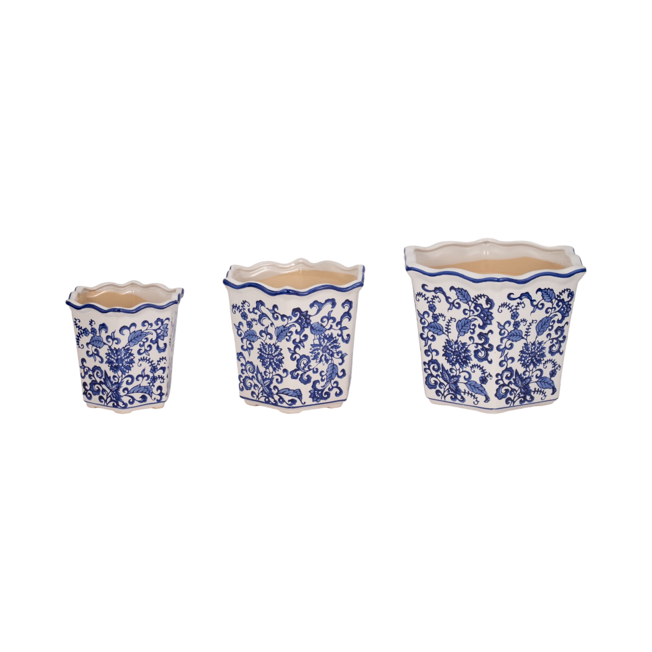 Chinoiserie Flower Pots for Home Decor - Stoneware Ceramic Bowls with Floral Design for Planters for Indoor and Outdoor Plants - Pots For Plants Accent for Garden - Set of 3, 9", 8", 7", Blue & White