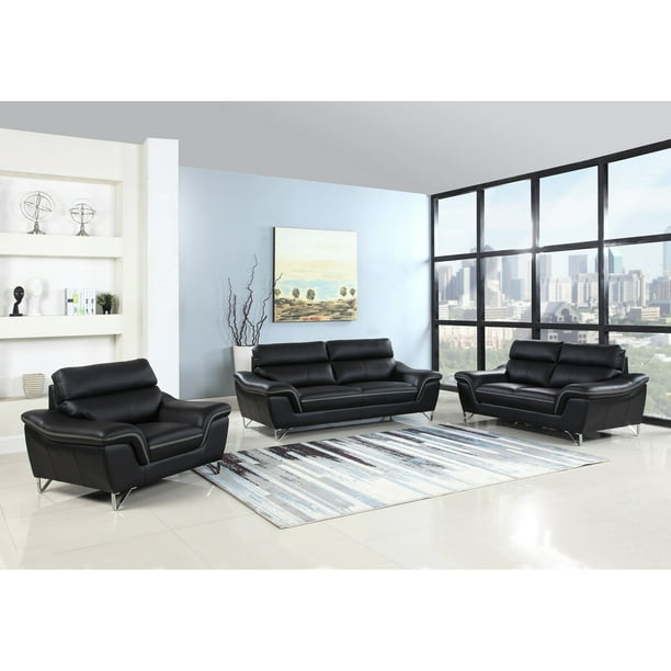 Contemporary Black Premium Leather Match Sofa Set 3pcs Global United 168 Com Contemporary Black Premium Leather, Leather Match Sofa Set