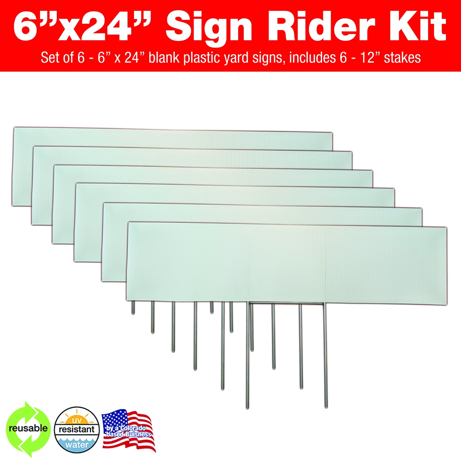 6 Pack 6x24 Blank Corrugated Plastic Lawn Sign Kit with 6x12 Hstakes