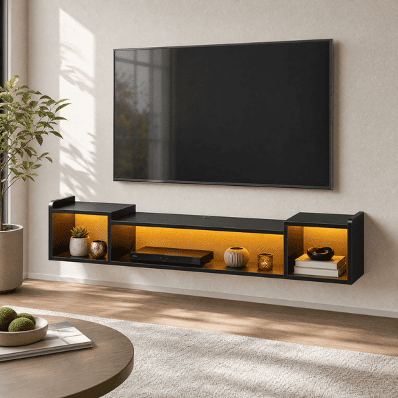 melmine 70.9" Floating TV Stand with Storage for 50-75" TVs, Wall Mounted Entertainment Center with LED Lights,Black