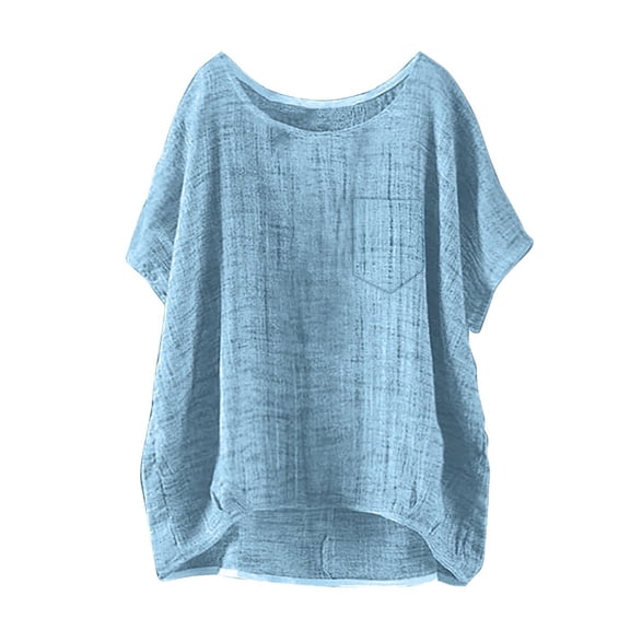 Linen Shirts for Women Fashion Summer Cotton Gauze Plus Size Tops Short Sleeve Crew Neck Dressy Casual Blouses 2026 Light Blue S