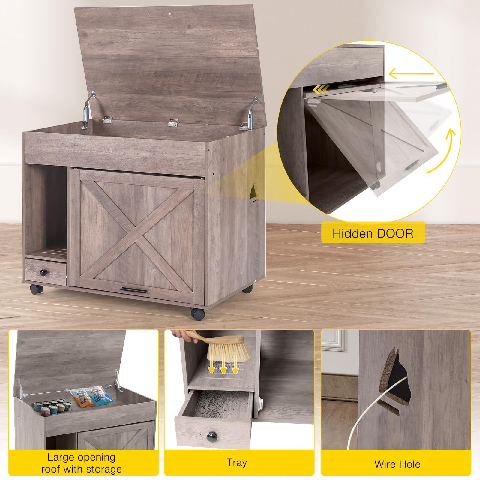 Aivituvin Cat Litter Box Enclosure Cabinet,Flip Top Hidden Litter Box Furniture,Indoor Wooden Covered Cat House with Drawer,Wheels