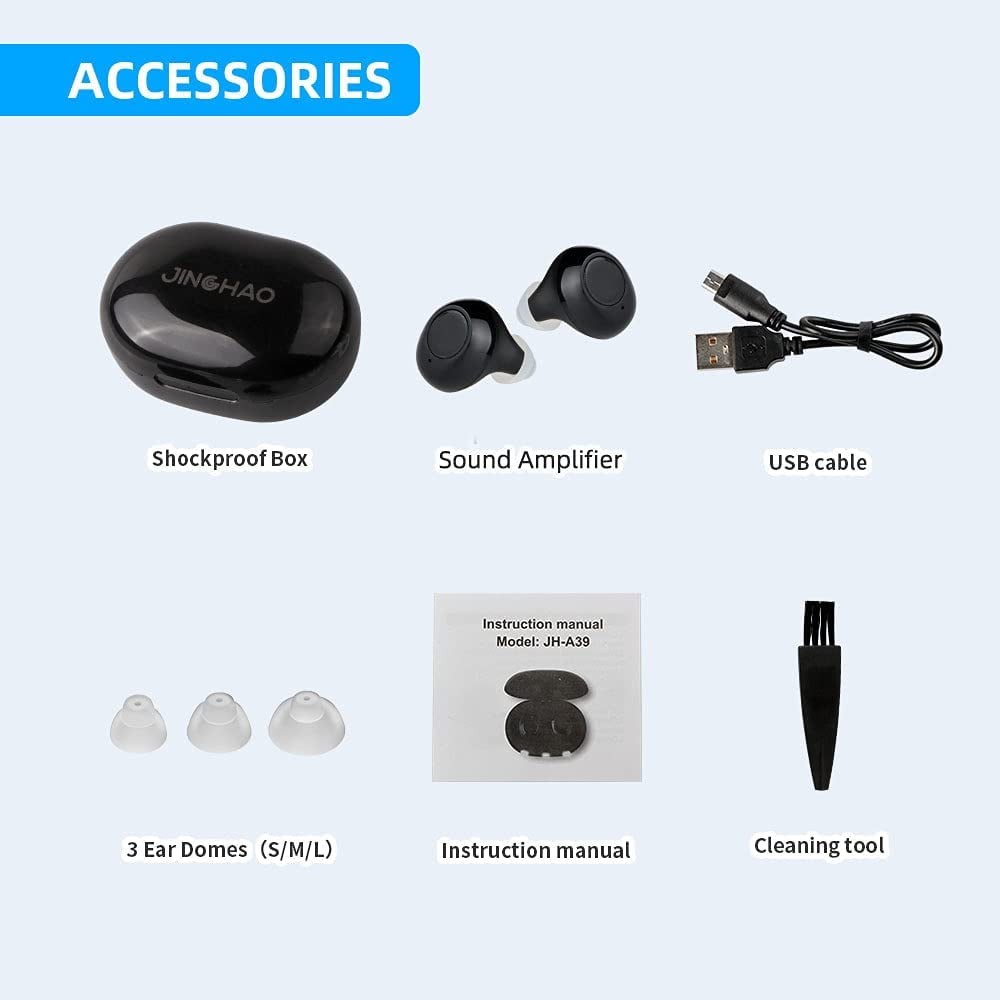 Jinghao JH-A39 Rechargeable Personal Sound Amplifier Product for Ears Seniors Adults with Portable Charging Box Black