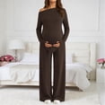 thumbnail image 2 of Gyujnb Asymmetrical Neck Long Sleeve Nursing Maternity Set Solid Soft Knit Full Over Belly Straight Wide Leg Pants 2 Piece Matching Outfit Postpartum Daily Pregnancy Loungewear,S, 2 of 9