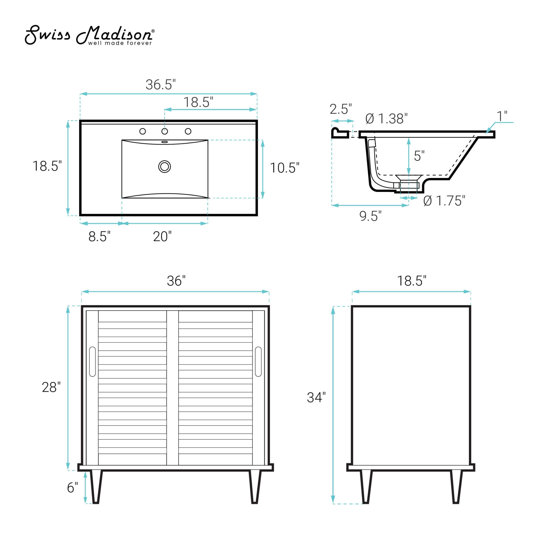 Delice 36" Freestanding Bathroom Vanity in Natural Oak with 3-Hole Widespread Sink Top
