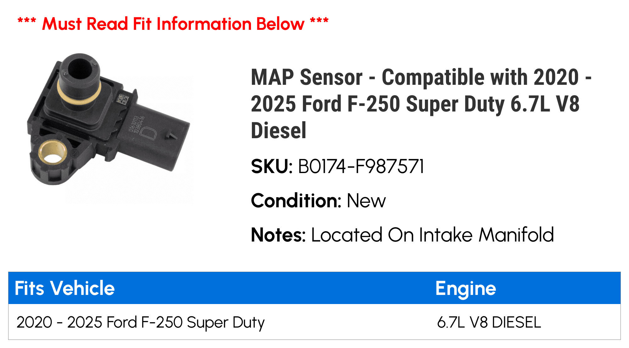 MAP Sensor - Compatible with 2020 - 2025 Ford F-250 Super Duty 6.7L V8 Diesel 2021 2022 2023 2024