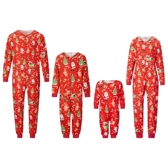 Matching Christmas Pajamas for Family Winter Long Sleeve Cartoon Print Hooded Romper Zip Up Jumpsuits