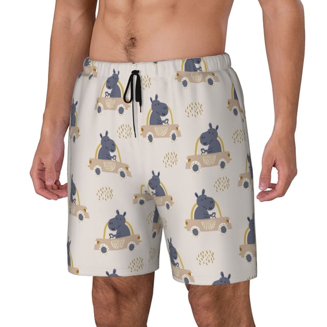 Balery Hippos Driving A Car Bañador para hombre, shorts de playa de secado rápido con entrepierna y forro de compresión-XX-Large