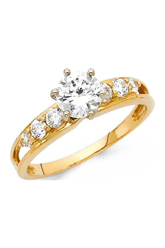 CZ Solitaire Round Engagement Ring 14k Yellow Gold Anniversary CZ Ring Pave Side Stones Band Size 7