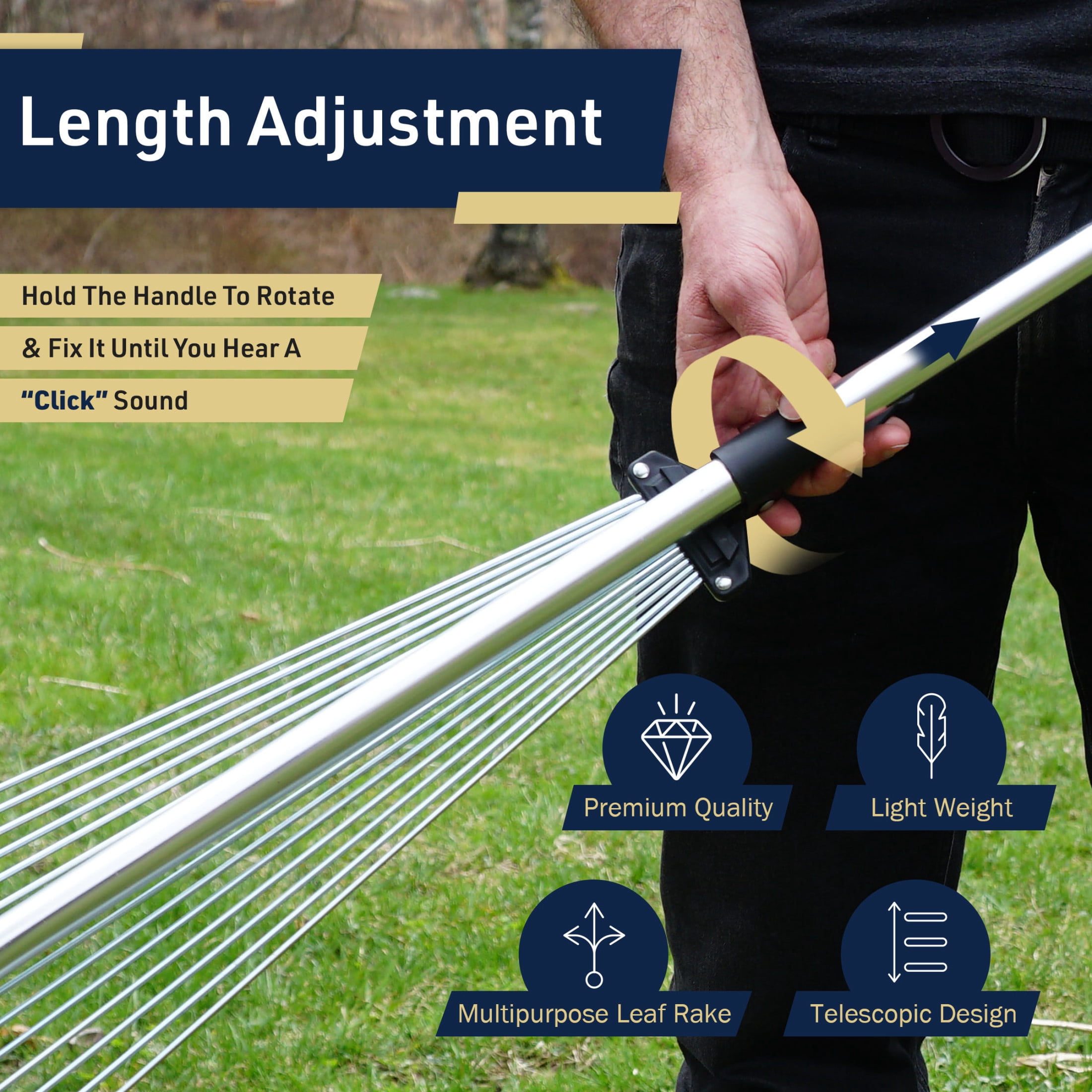 Kings County Tools Metal Rake – Adjustable Width of 7" to 22" Head & Telescoping Handle of 36" to 60" for Lawn & Leaves