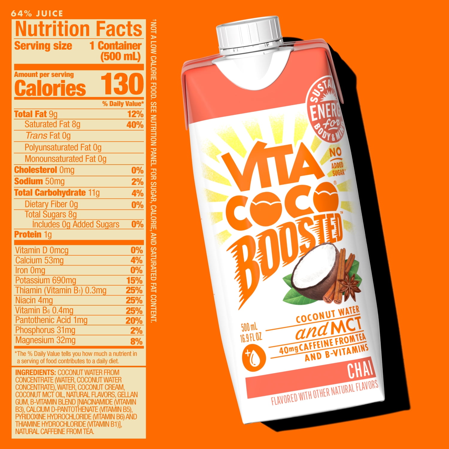 Vita Coco Boosted Coconut Water, Chai, 16.9oz Tetra