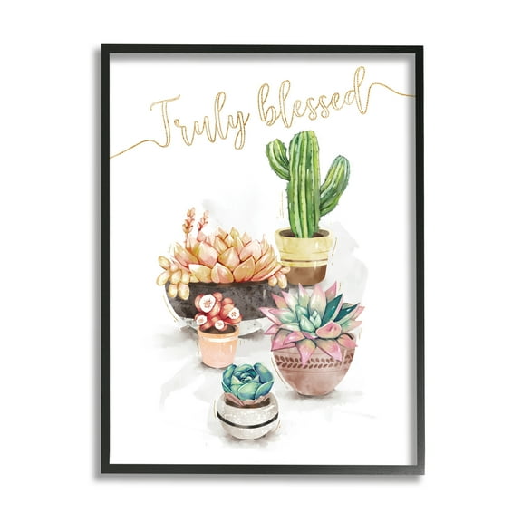 Stupell Industries Truly Blessed Expression Chic Succulent Cactus Plants Botanical & Floral Painting Black Framed Art Print Wall Art, 11 x 14