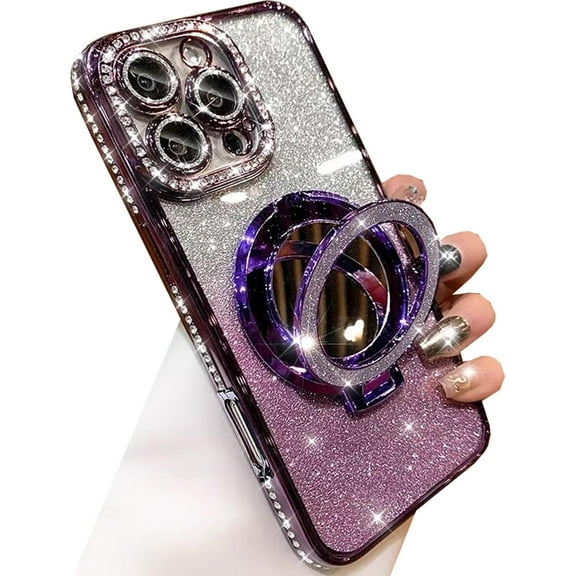 Magnetic Kickstand Glitter Case for iPhone 16 Pro Max,[Compatible with Magsafe] Bling Sparkly Rhinestone with Camera Protector Makeup Mirror Women Girls Case for iPhone 16 Pro Max 6.9",Purple