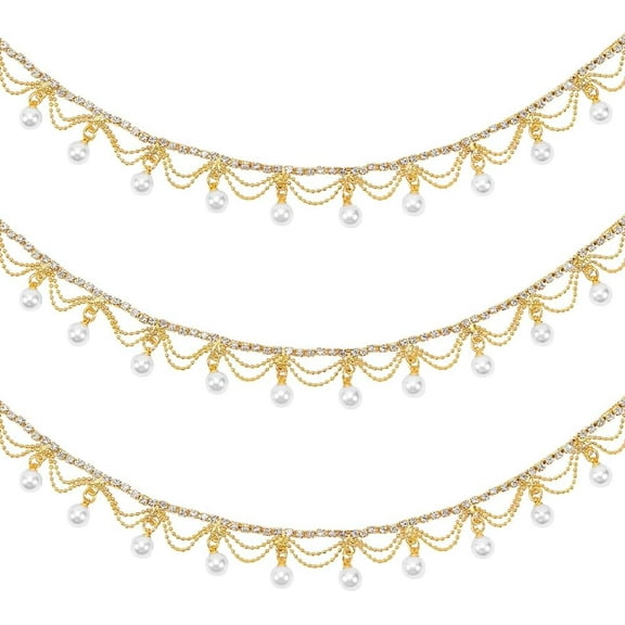 1 Yard Rhinestone Pearl Tassel Fringe Trim Ribbon Diamond Inlaid Pearl Beaded Chain Applique Embellishment for Sewing Craft DIY Jewelry Wedding Bridal Bouquet Costume Decoration