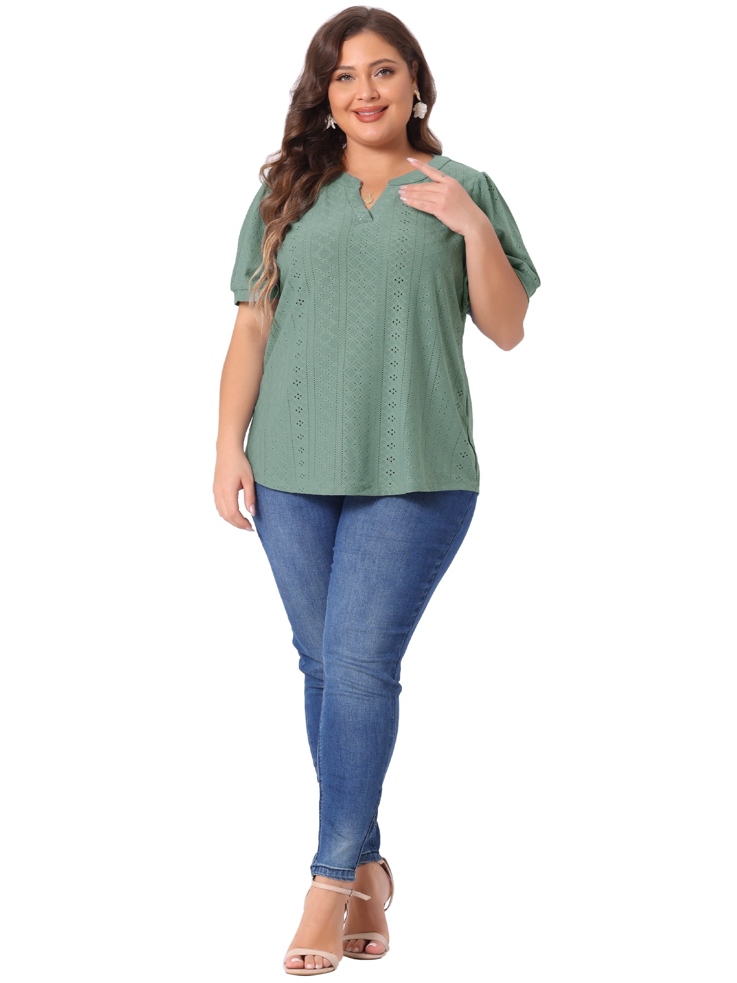 Women's Plus Tops Hollow Casual V Neck Short Sleeve Summer Blouse Shirts 5X Green